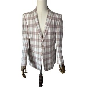 VAN HEUSEN STUDIO Men's Beige‎ Plaid Blazer Sport Coat Jacket 100% Linen